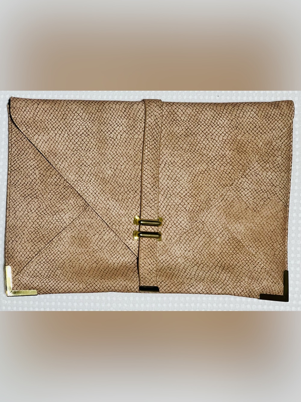 Textured Beige Large Envelope Clutch with Gold Hardware